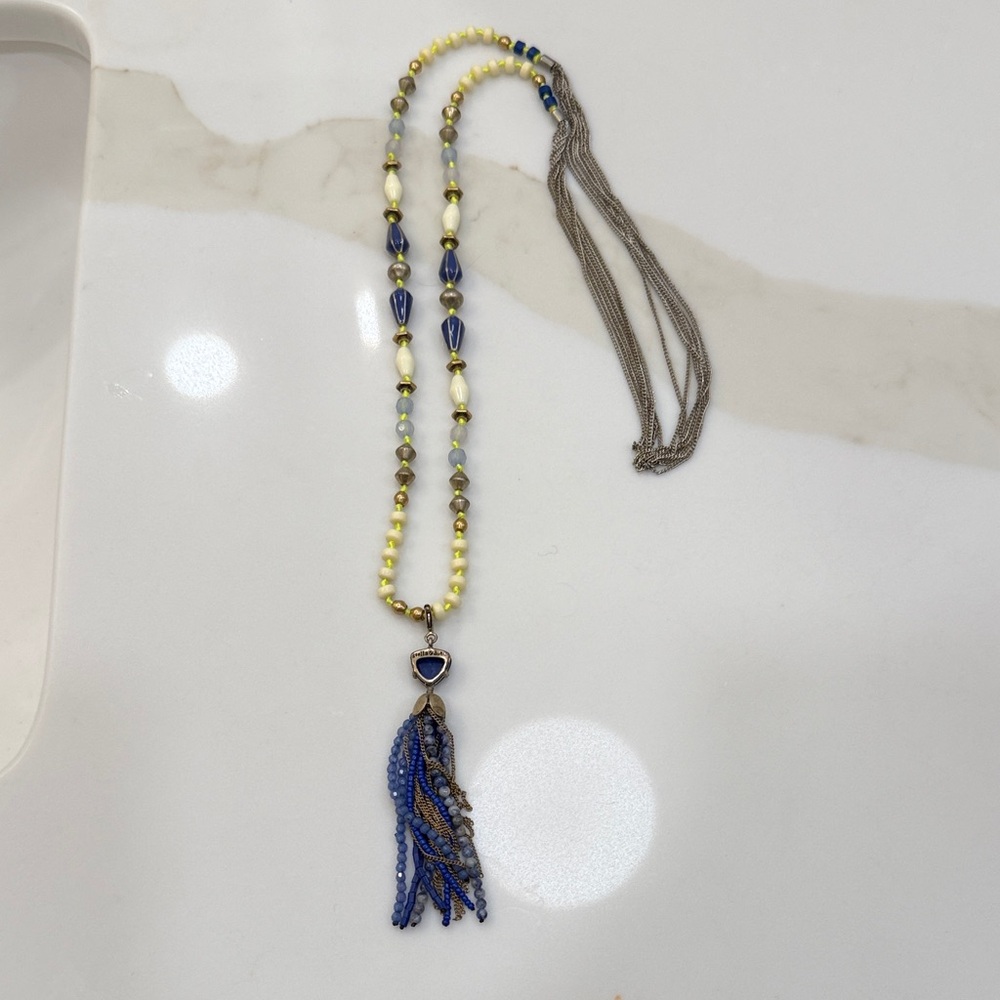 Elegant Beaded Necklace with Blue and Yellow Accents
